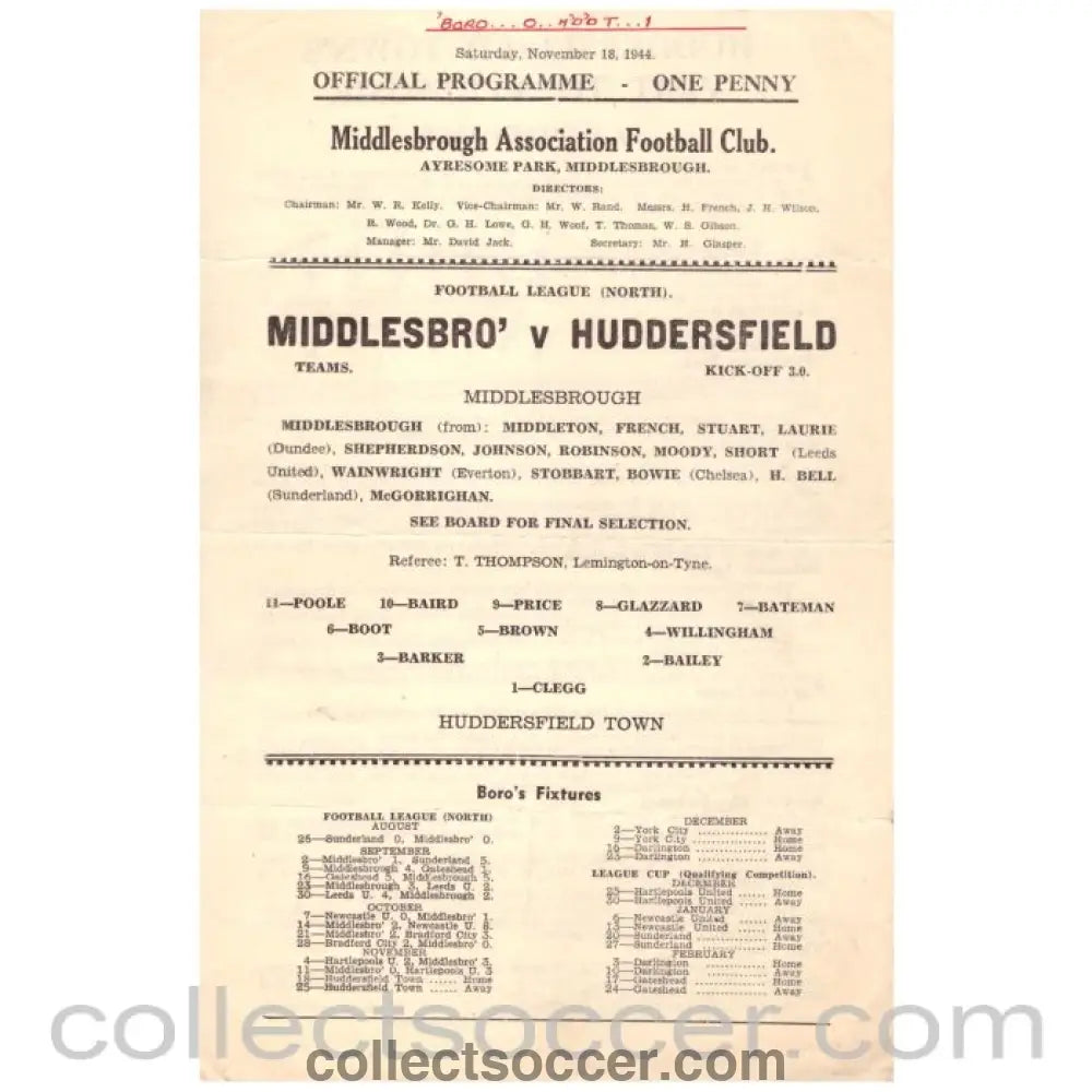 1944 Middlesbrough v Huddersfield Football Programme - Collect Soccer