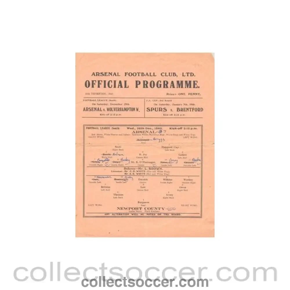 1945 - Arsenal v Newport County official programme 26/12/1945 - Collect Soccer