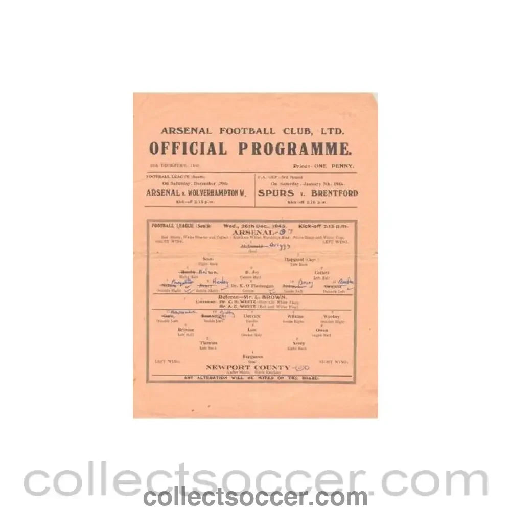 1945 - Arsenal v Newport County official programme 26/12/1945