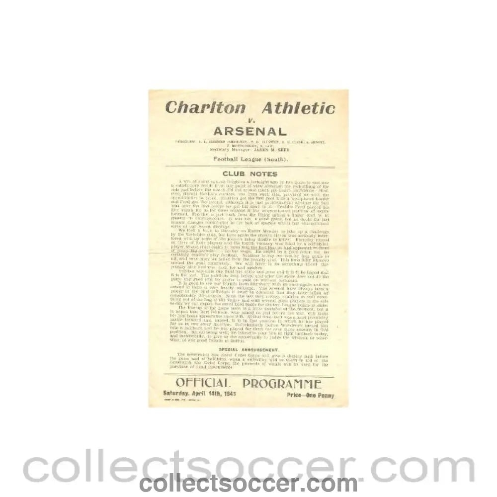 1945 - Charlton Athletic v Arsenal official programme 14/04/1945