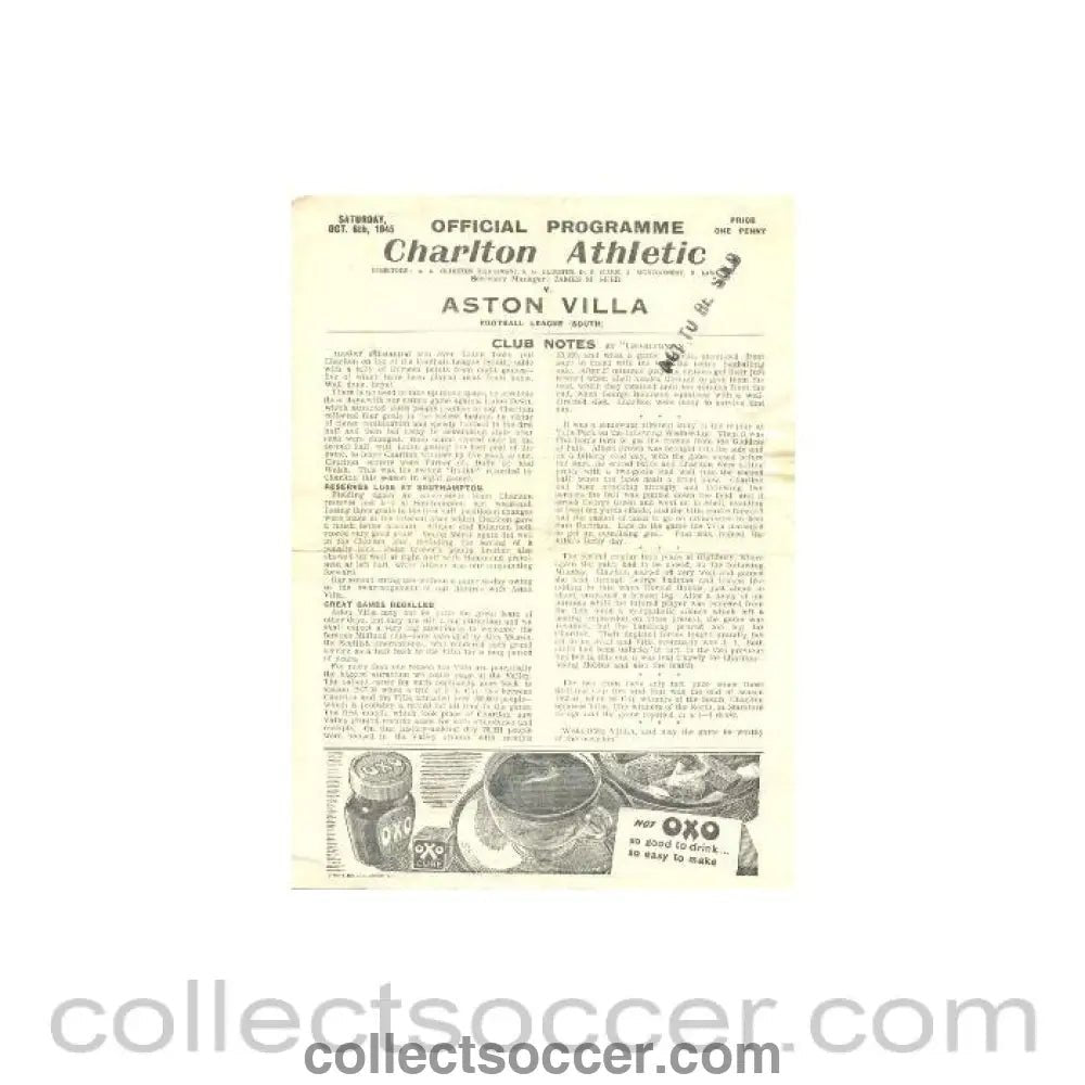1945 - Charlton Athletic v Aston Villa official programme 06/10/1945 - Collect Soccer