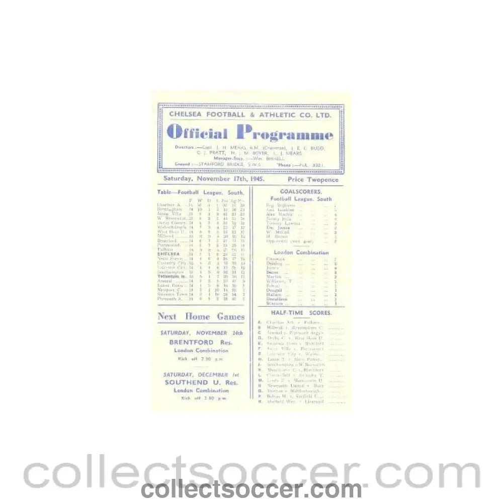 1945 - Chelsea v Tottenham Hotspur official programme 17/11/1945 - Collect Soccer