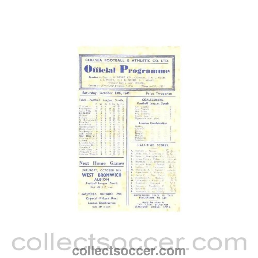 1945 - Chelsea v West Ham United official programme 13/10/1945 - Collect Soccer