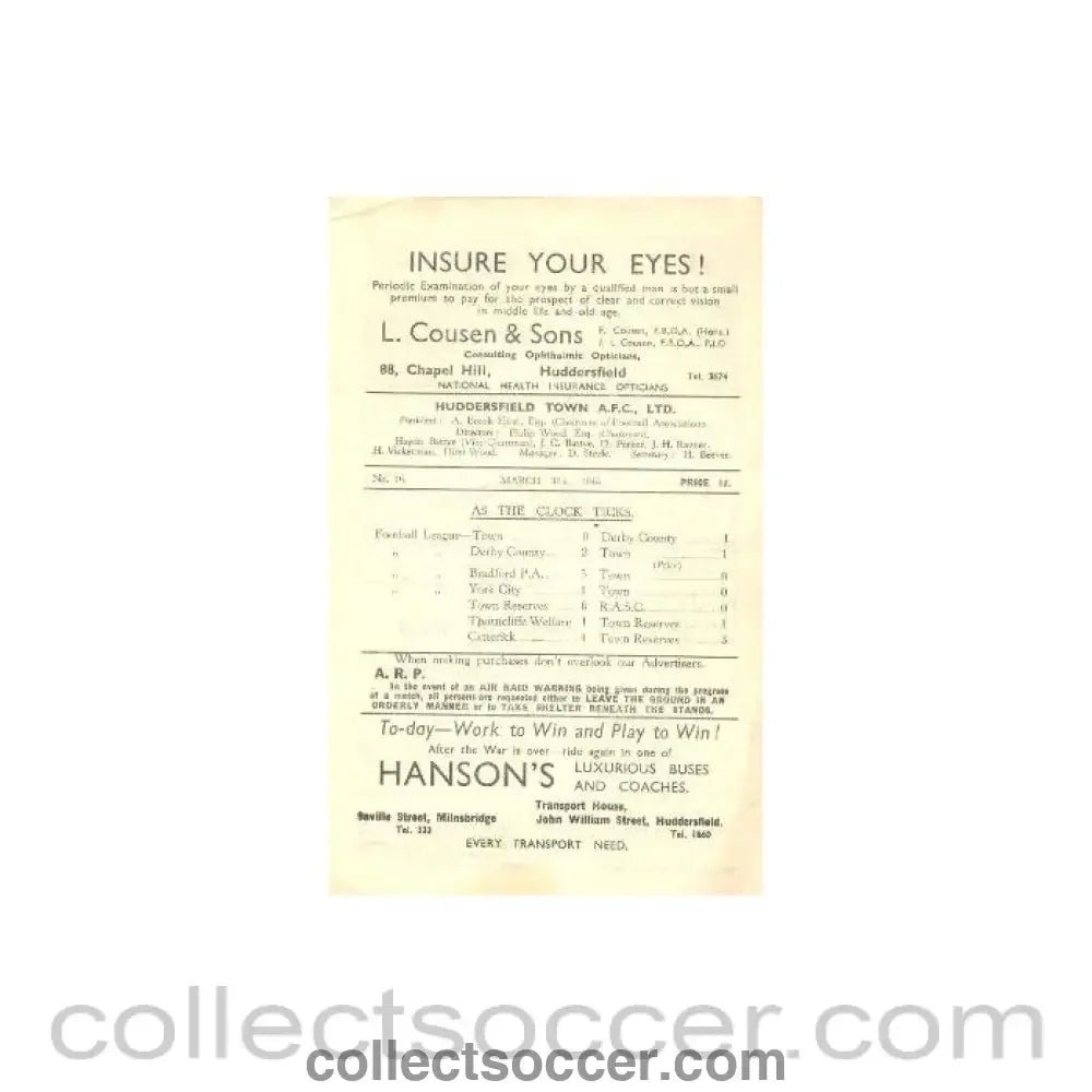 1945 - Huddersfield Town v York City official programme 31/03/1945 - Collect Soccer