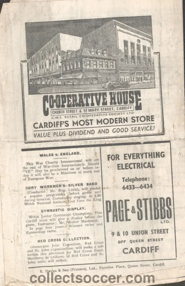 1945 Played at Cardiff City Wales v England Football Programme