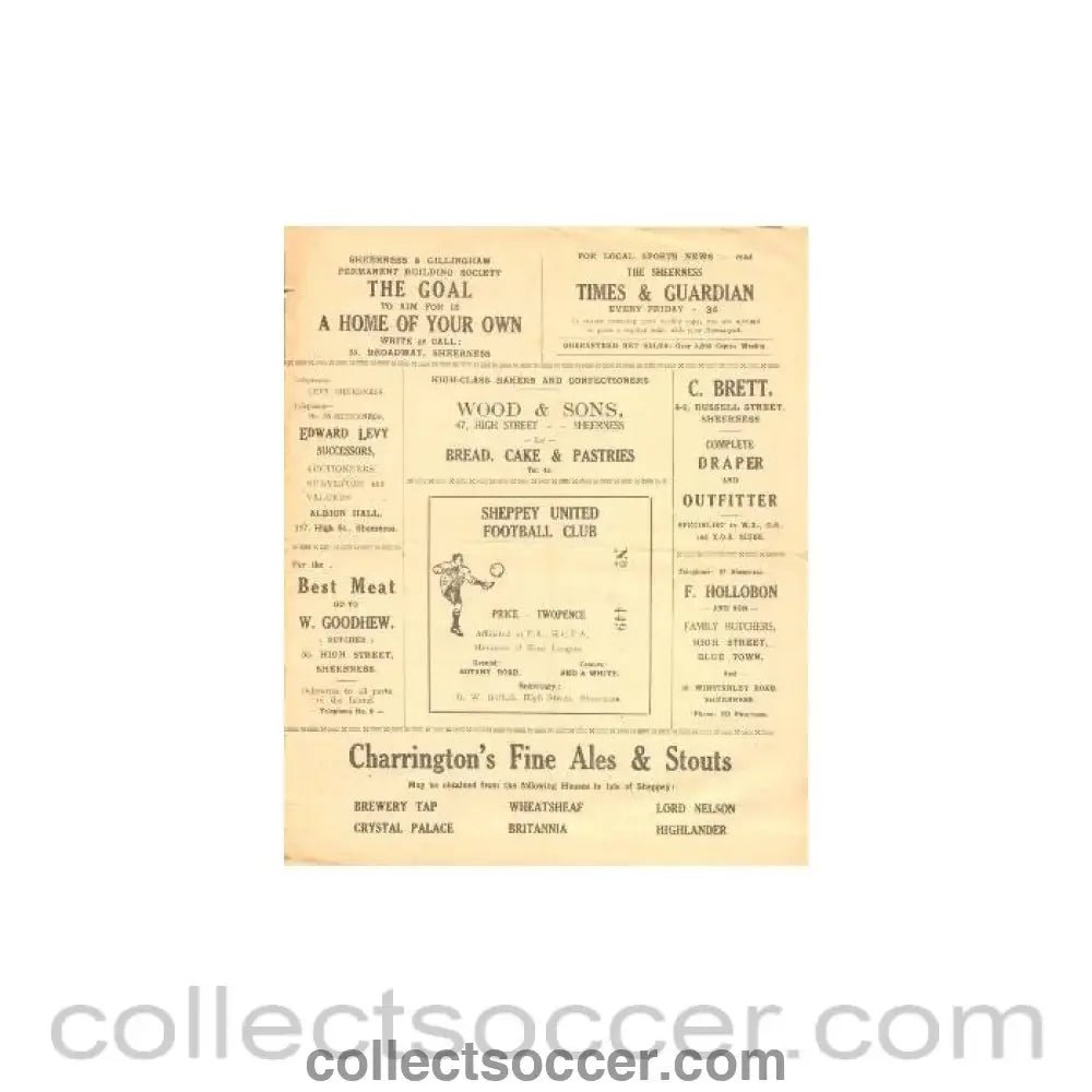 1945 - Sheppey United v Fokstone official programme No: 449 probably of season 1945 - 46 - Collect Soccer