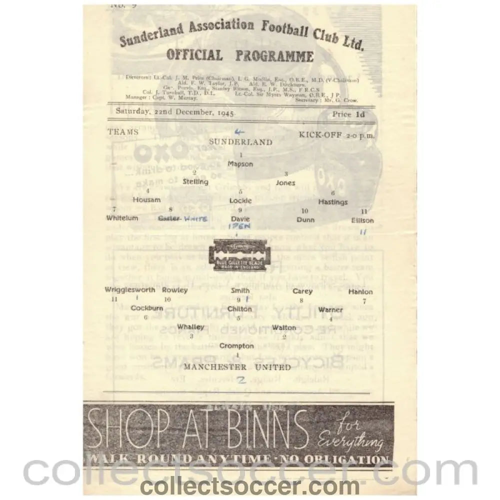 1945 Sunderland v Manchester United Official Programme - Collect Soccer