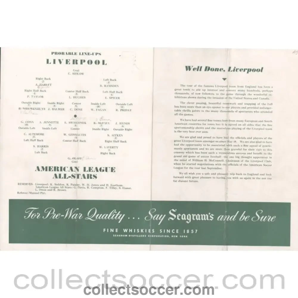 1946 - American Soccer League All Stars v Liverpool 11/6/1946 Rare Programme - Collect Soccer