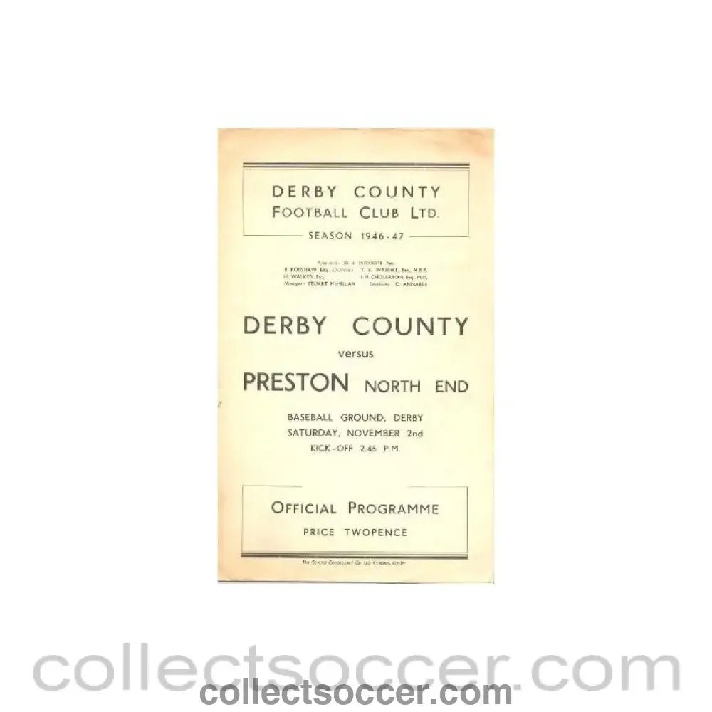 1946 - Derby County v Preston North End official programme 02/11/1946 - Collect Soccer