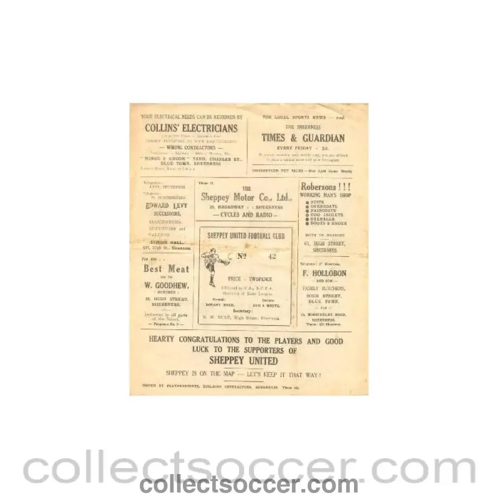 1946 - Sheppey United v Dover official programme probably of season 1946 - 47 - Collect Soccer