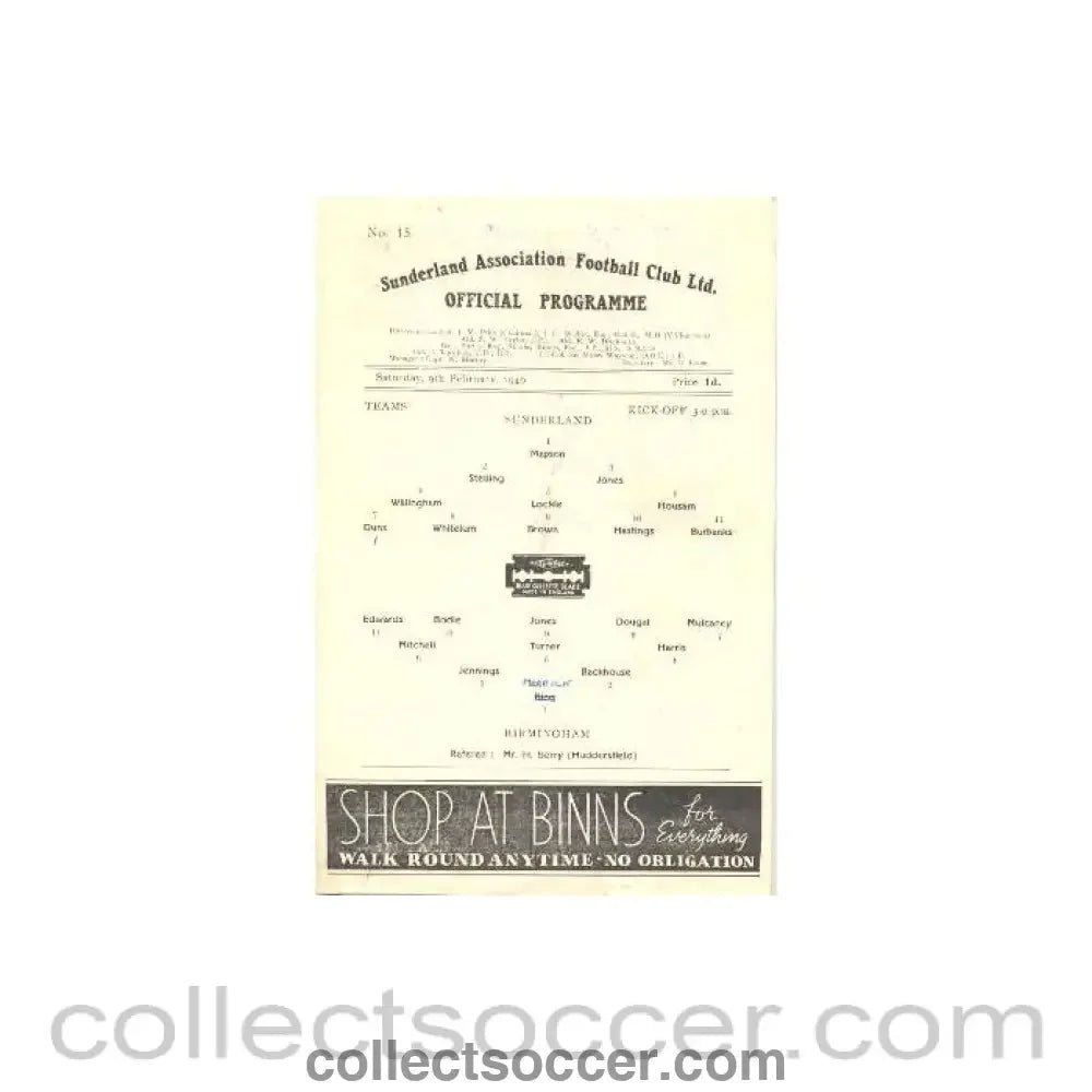 1946 - Sunderland v Birmingham official programme 09/02/1946 - Collect Soccer