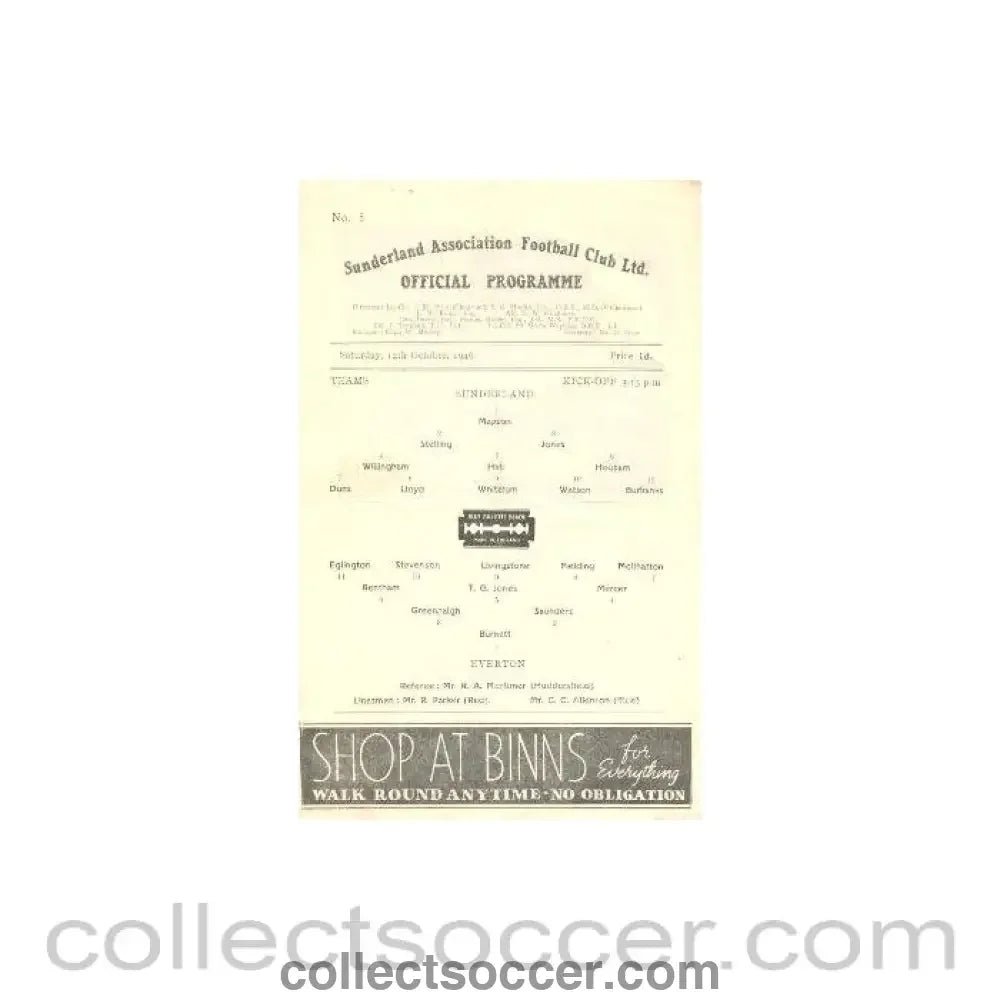 1946 - Sunderland v Everton official programme 12/10/1946 - Collect Soccer