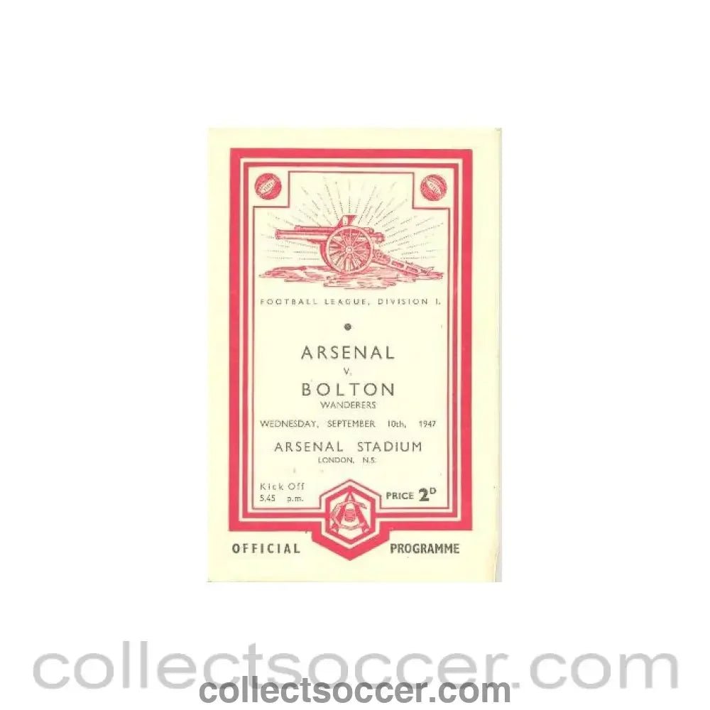 1947 - Arsenal v Bolton official programme 10/09/1947 Football League - Collect Soccer