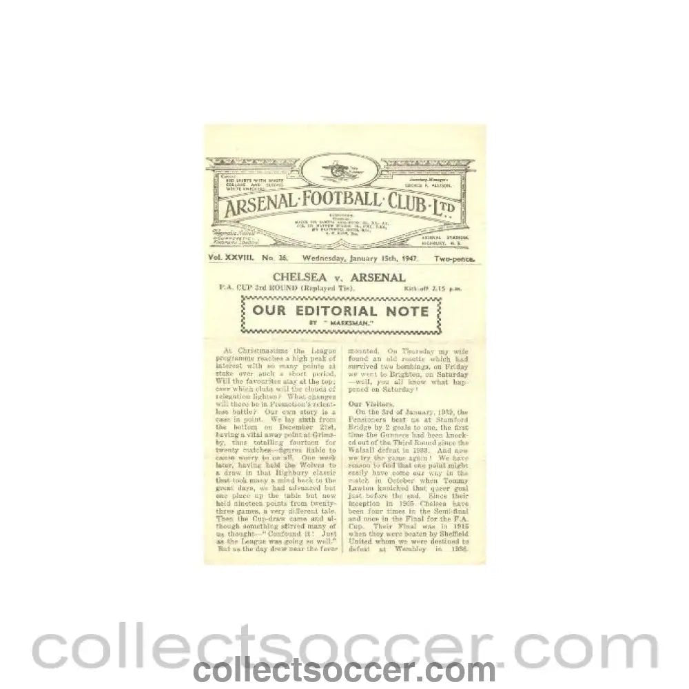 1947 - Arsenal v Chelsea official programme 15/01/1947 - Collect Soccer
