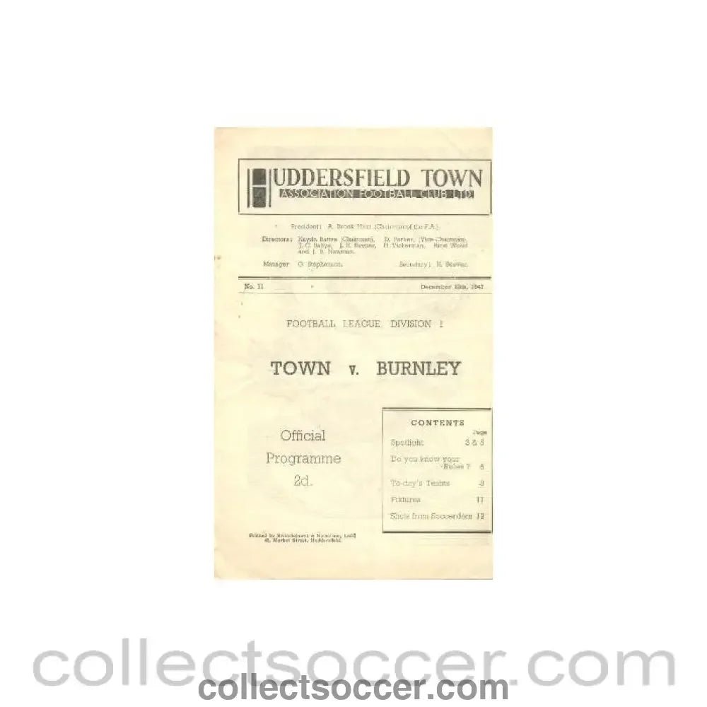 1947 - Huddersfield Town v Burnley official programme 13/12/1947 - Collect Soccer
