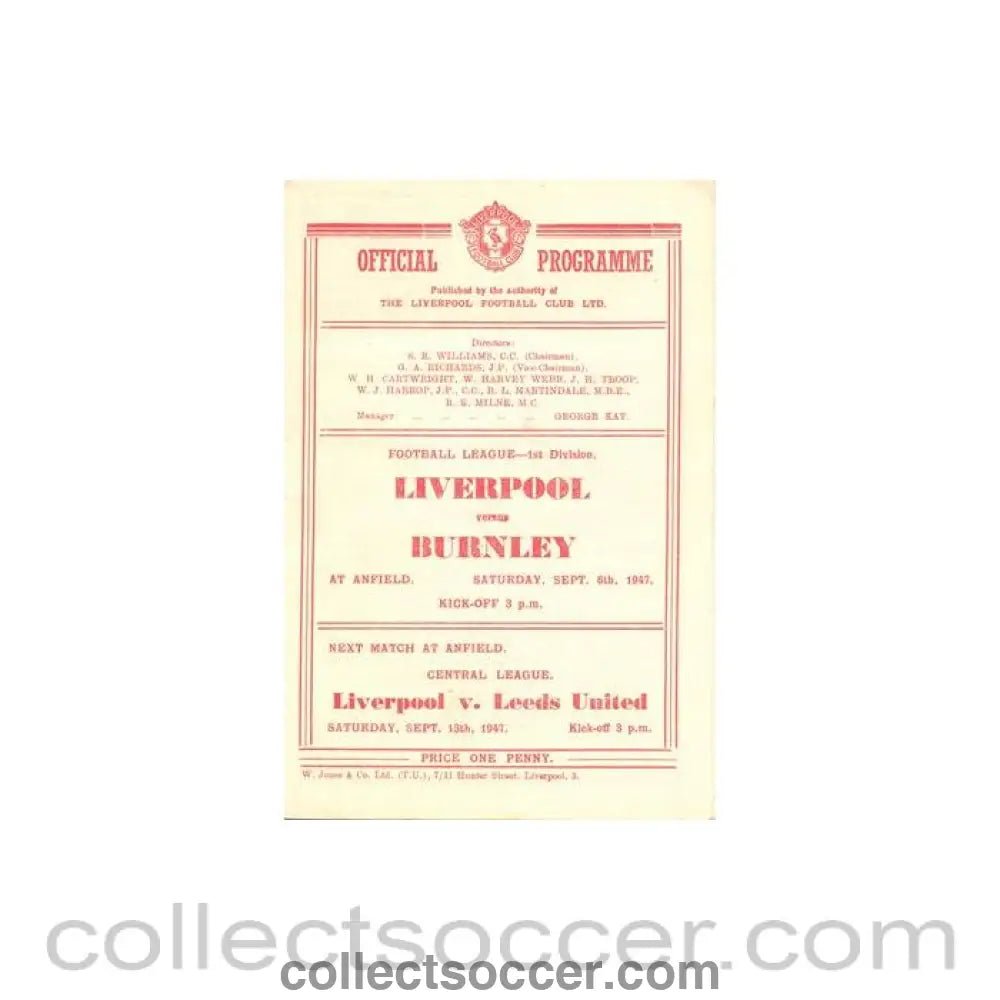 1947 - Liverpool v Burnley official programme 06/09/1947 Football League - Collect Soccer
