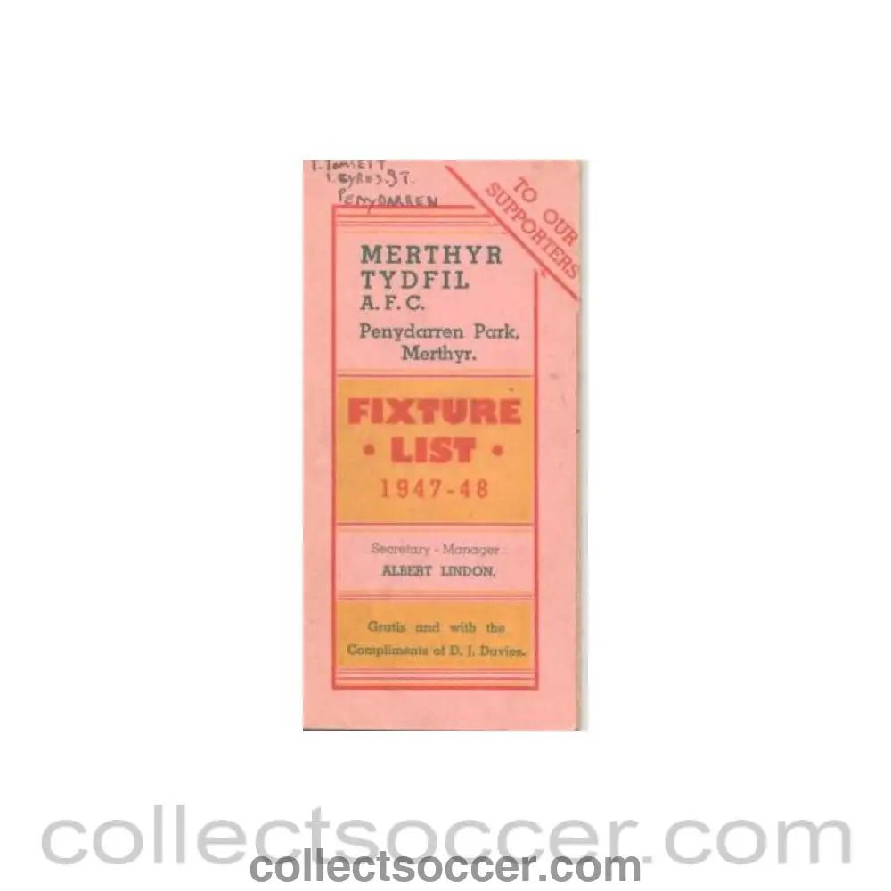 1947 - Merthyr Tydfil Football Club Fixtures 1947-1948 - Collect Soccer
