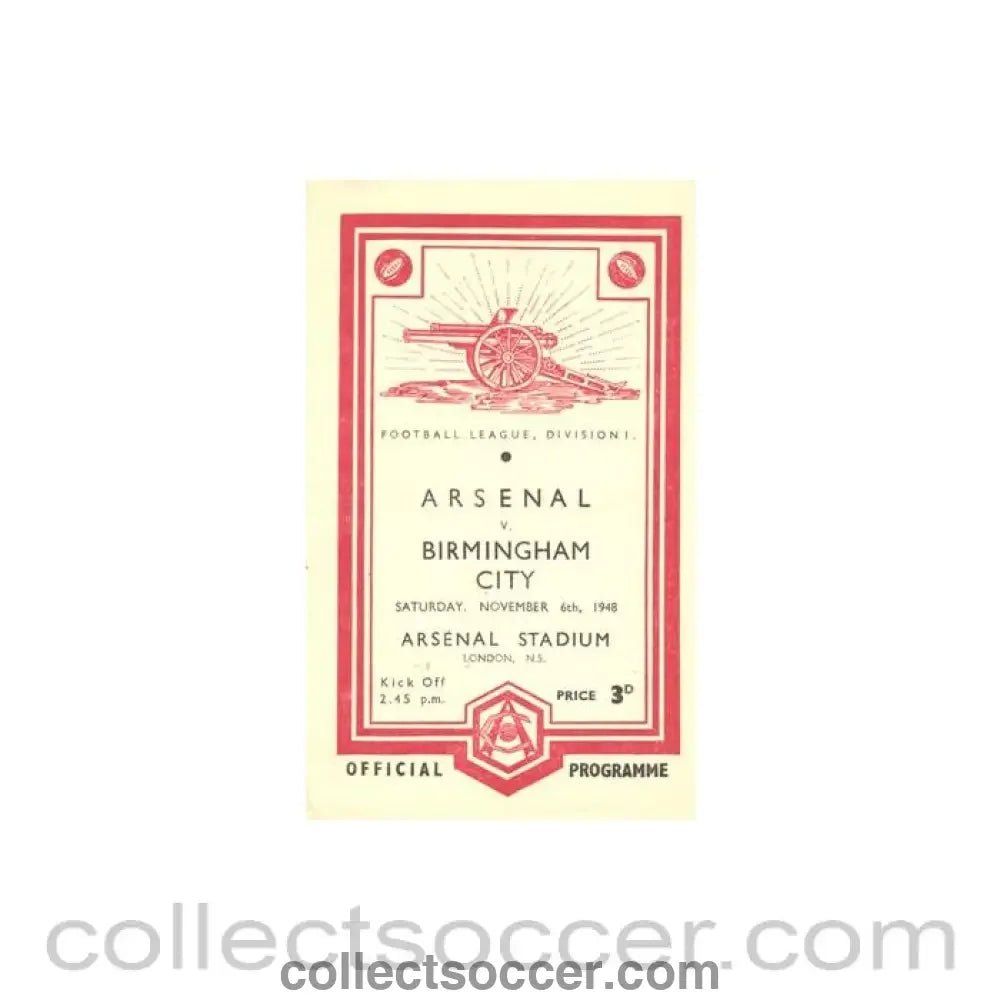 1948 - Arsenal v Birmingham City official programme 06/11/1948 Football League - Collect Soccer