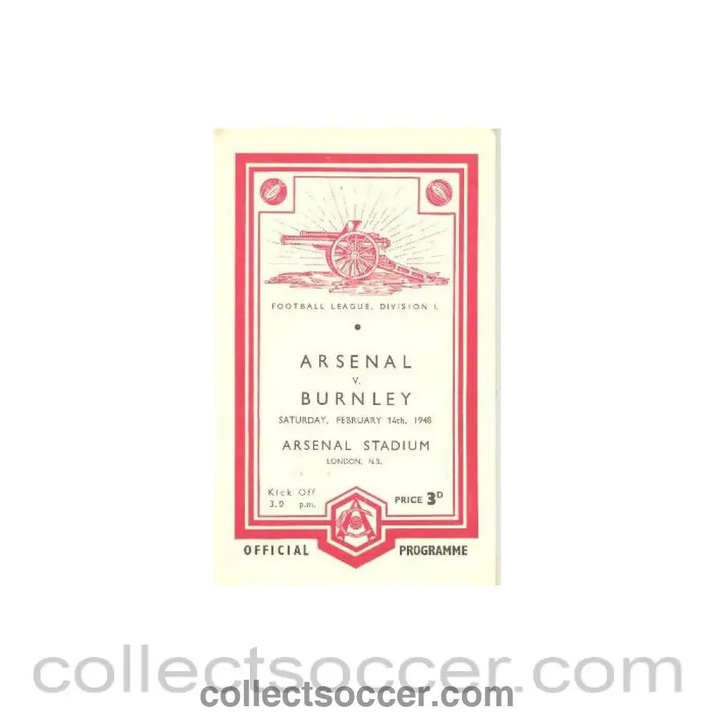 1948 - Arsenal v Burnley official programme 14/02/1948 Football League - Collect Soccer