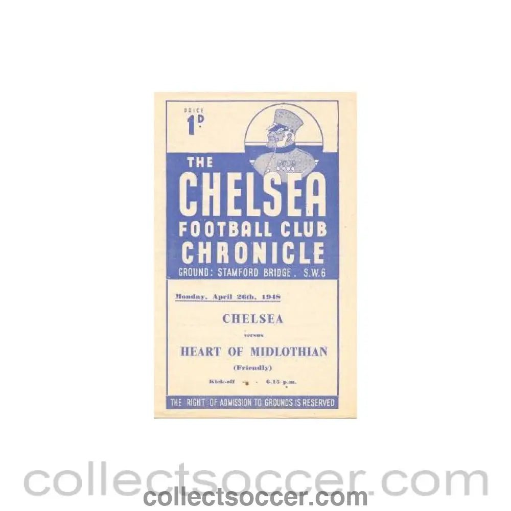 1948 - Chelsea v Heart of Midlithian official programme 26/04/1948 friendly match - Collect Soccer