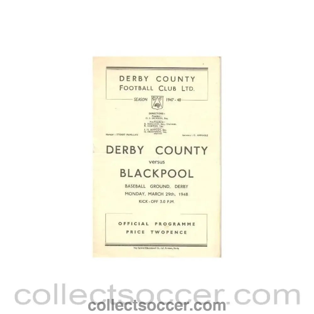 1948 - Derby County v Blackpool official programme 29/03/1948 - Collect Soccer