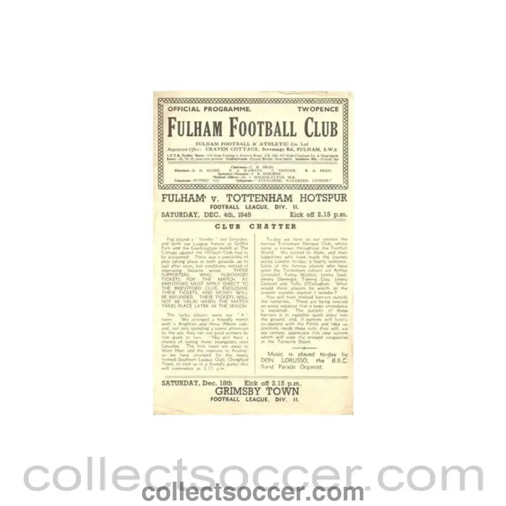 1948 - Fulham v Tottenham Hotspur official programme 04/12/1948 Football League - Collect Soccer
