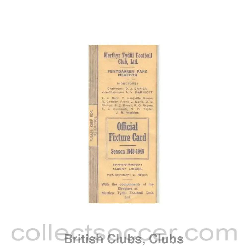 1948 - Merthyr Tydfil Football Club Fixtures 1948-1949