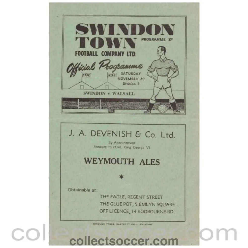 1948 Swindon v Walsall Football Programme - Collect Soccer