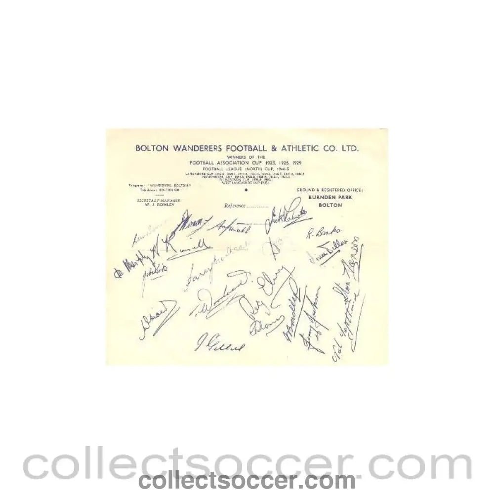 1949 - Bolton Wanderers Athletic Players Signatures Facsimile Season 1949-1950 - Collect Soccer