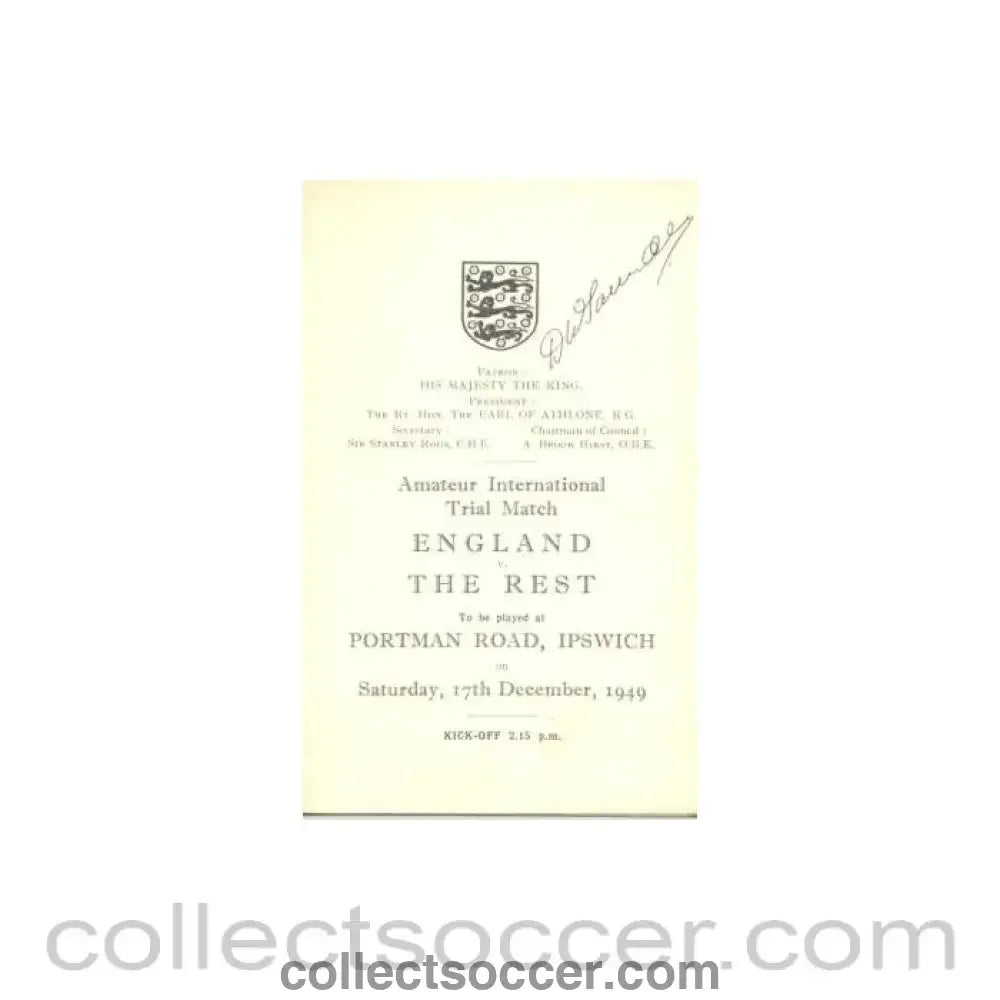 1949 England v The Rest official programme 17/12/1949 signed by Derek Saunders Chelsea captain