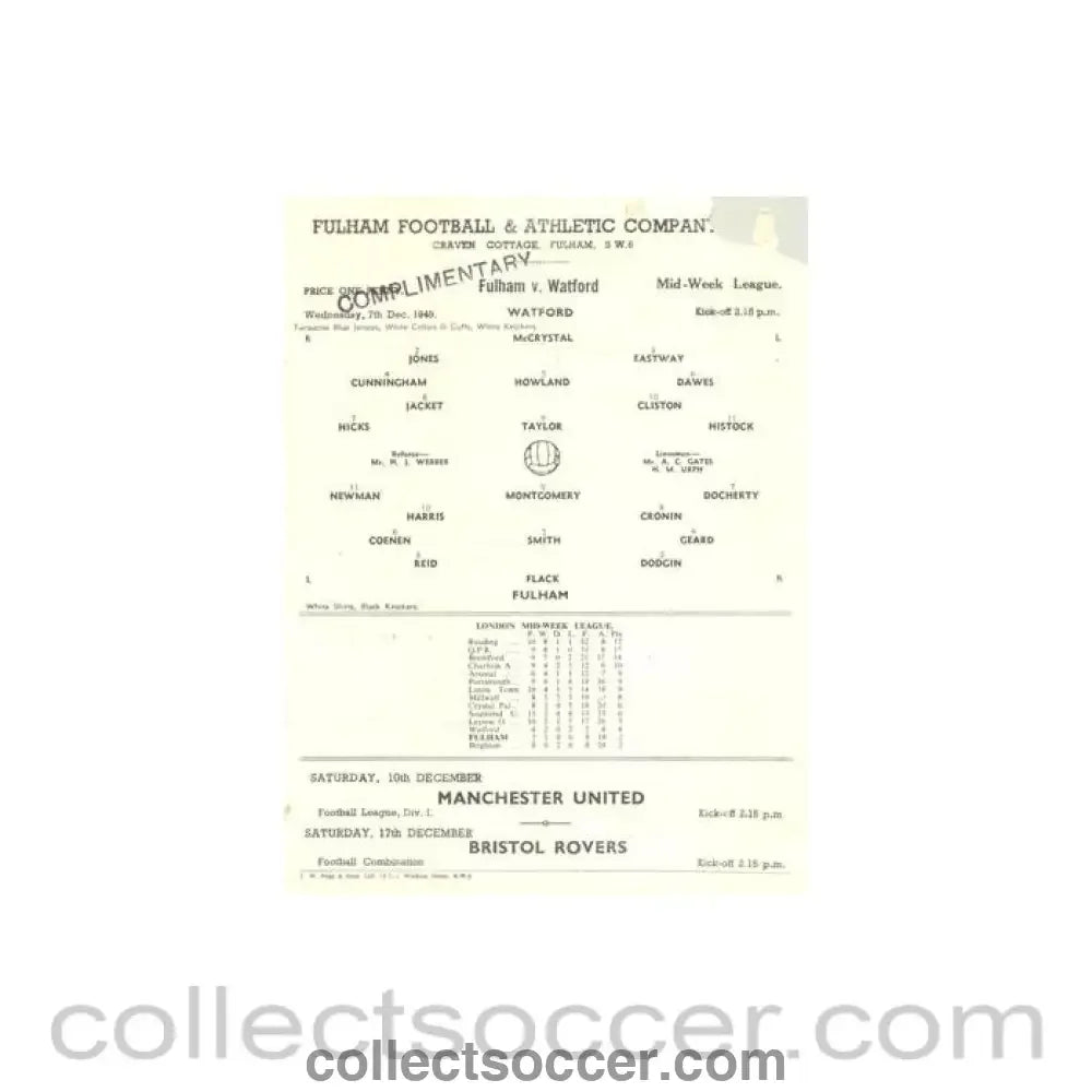 1949 - Fulham v Watford official programme 07/12/1949 Reserves - Collect Soccer