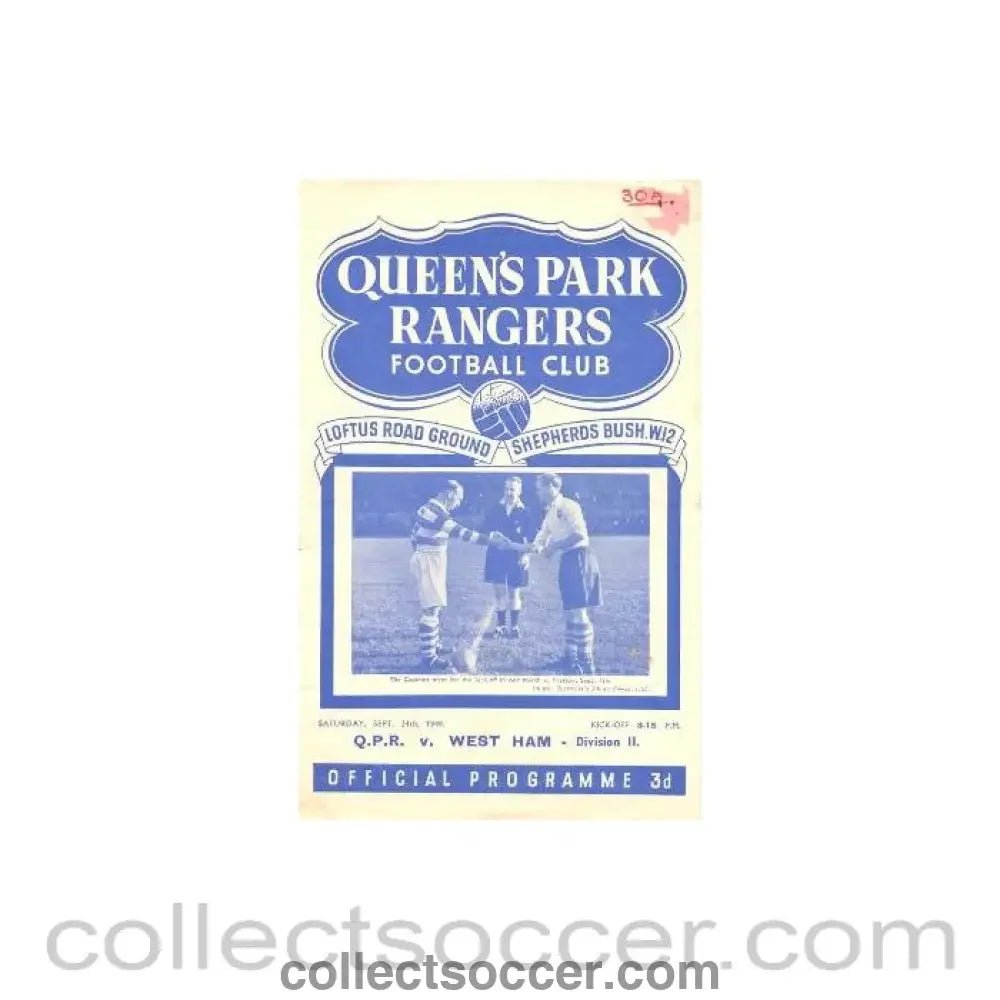 1949 - Queen's Park Rangers v West Ham United official programme 24/09/1949 - Collect Soccer