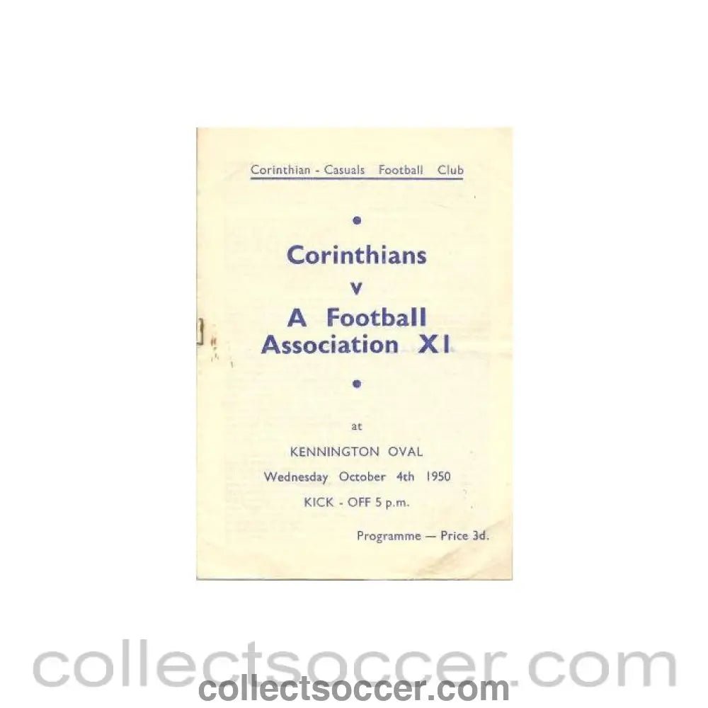 1950 - Corinthian Casuals v A Football Association XI official programme 04/10/1950 - Collect Soccer