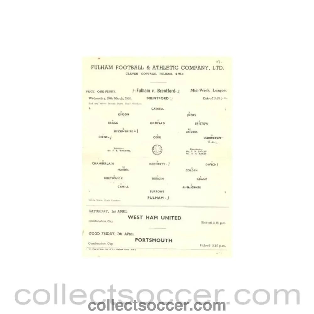 1950 - Fulham v Brentford official programme 29/03/1950 Reserves - Collect Soccer
