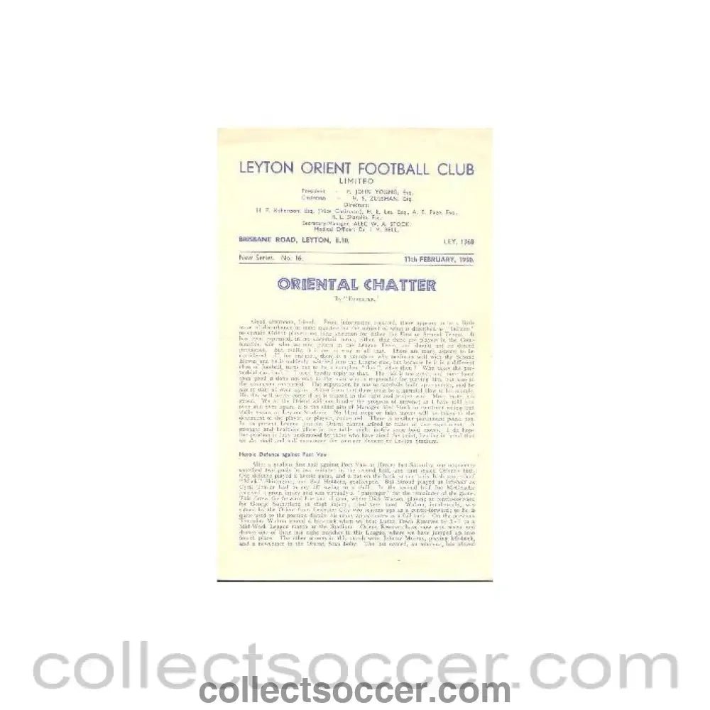 1950 - Leyton Orient v Swindon Town official programme 11/02/1950 - Collect Soccer