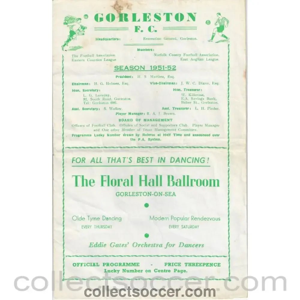 1951 - Gorleston v Leyton Orient 29/11/1951 FA Cup Programme - Replay - Collect Soccer