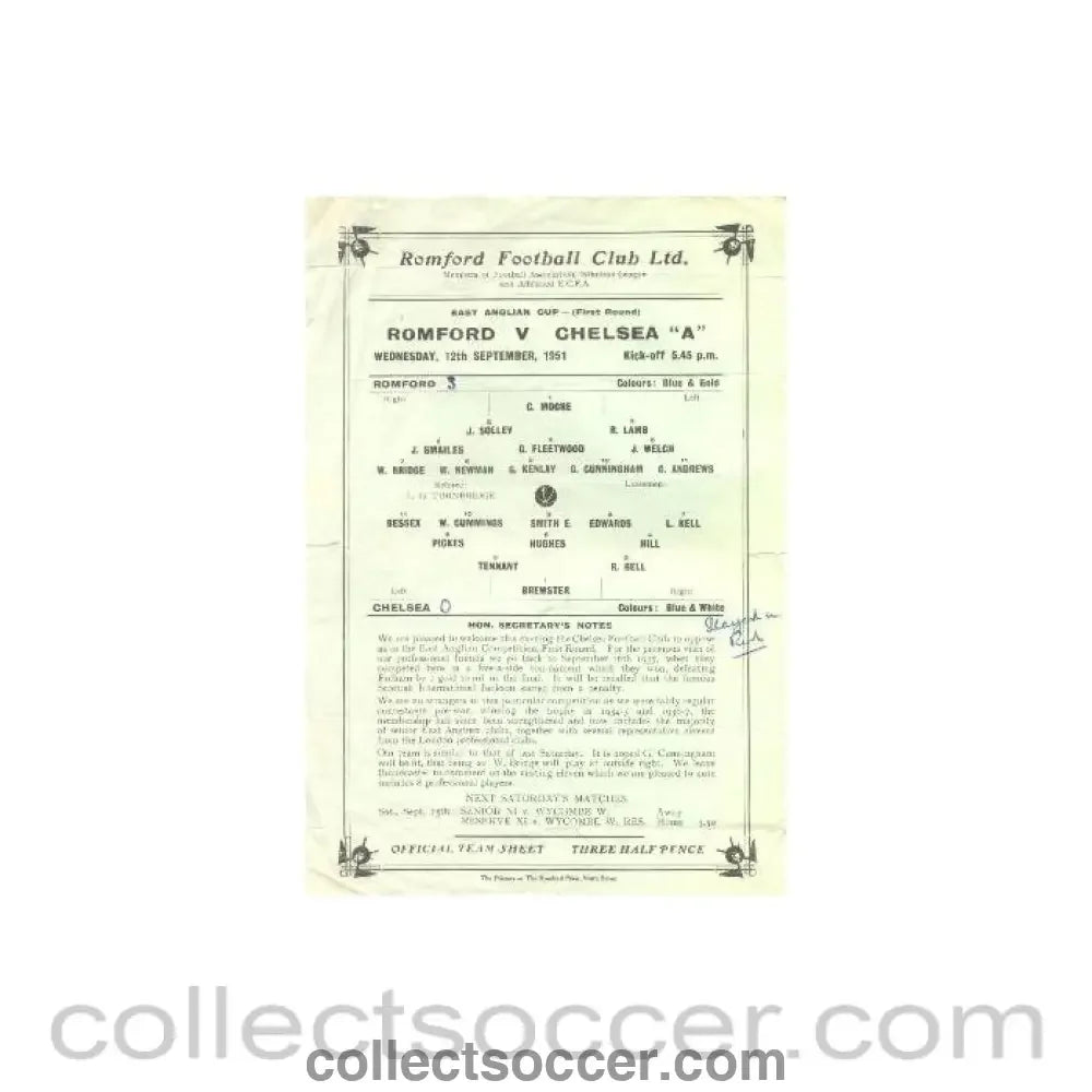 1951 - Romford v Chelsea official programme 12/09/1951 - Collect Soccer