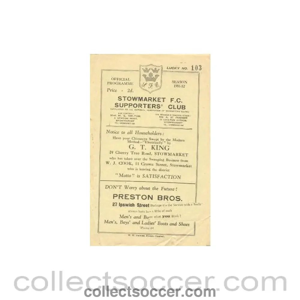1951 - Stowmarket v Maldon Town official programme 01/12/1951 - Collect Soccer