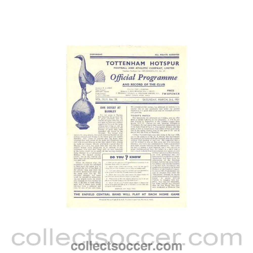 1951 - Tottenham Hotspur vChelsea official programme 03/03/1951 - Collect Soccer