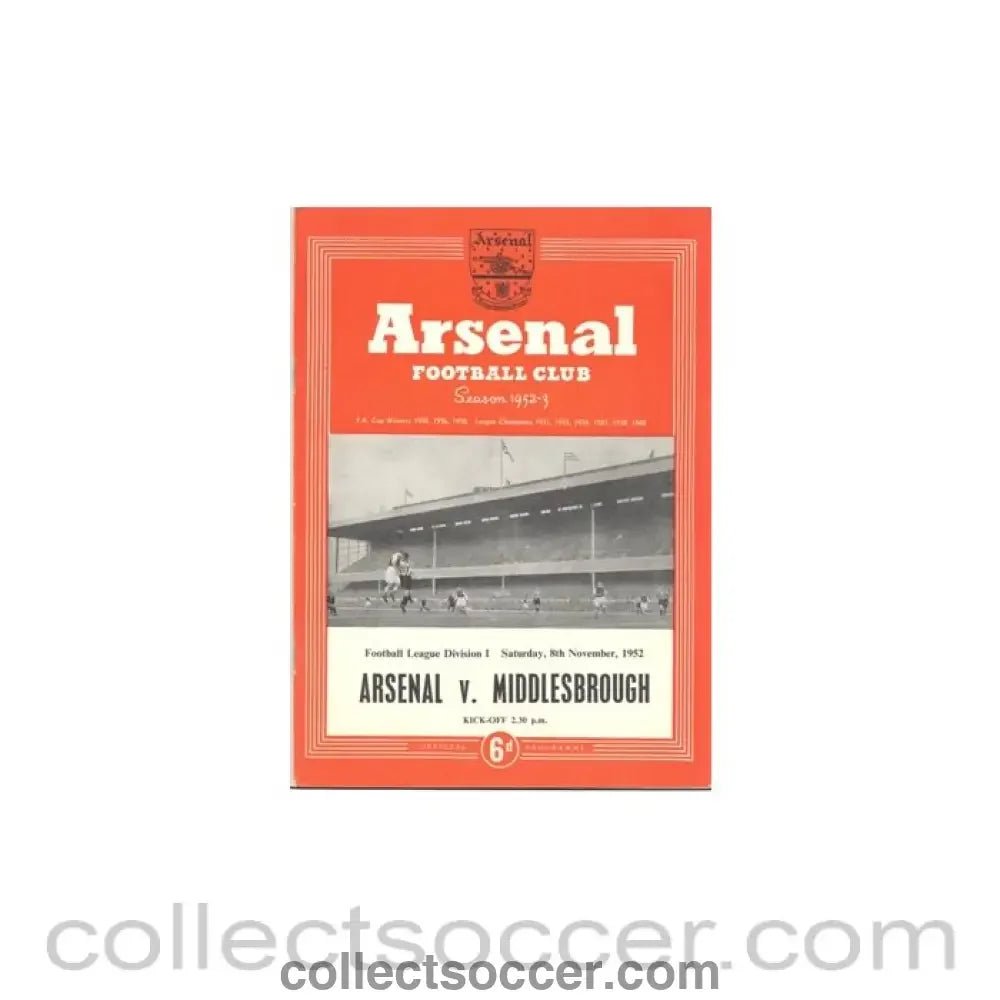 1952 - Arsenal v Middlesbrough official programme 08/11/1952 - Collect Soccer