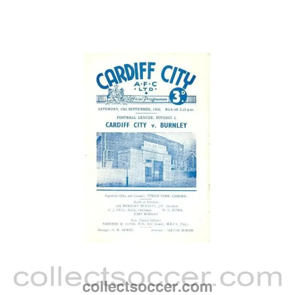 1952 - Cardiff City v Burnley official programme 13/09/1952 - Collect Soccer