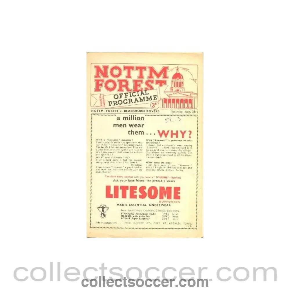 1952 - Nottingham Forest v Blackburn Rovers official programme 23/08/1952 - Collect Soccer