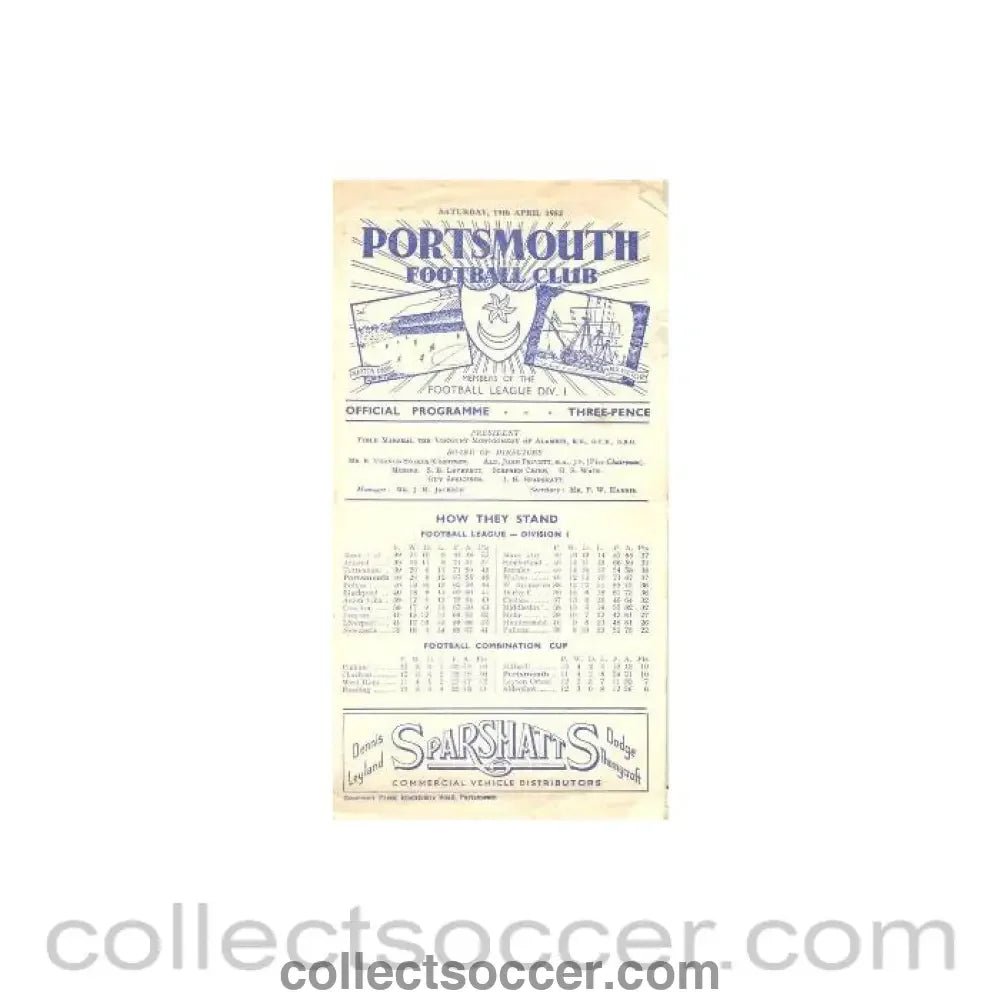 1952 - Portsmouth v Preston North End official programme 19/04/1952 - Collect Soccer