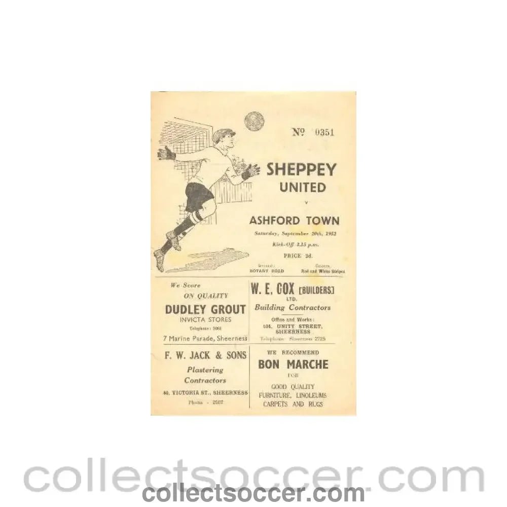 1952 - Sheppey United v Ashford Town official programme 20/09/1952 - Collect Soccer