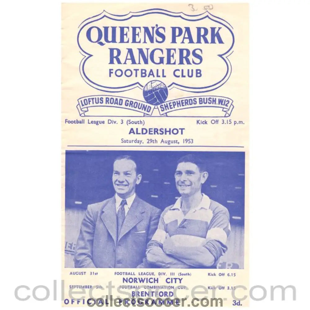 1953 Queen's Park Rangers v Aldershot Football Programme - Collect Soccer