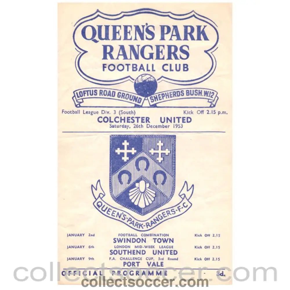 1953 Queen's Park Rangers v Colchester United Football Programme - Collect Soccer