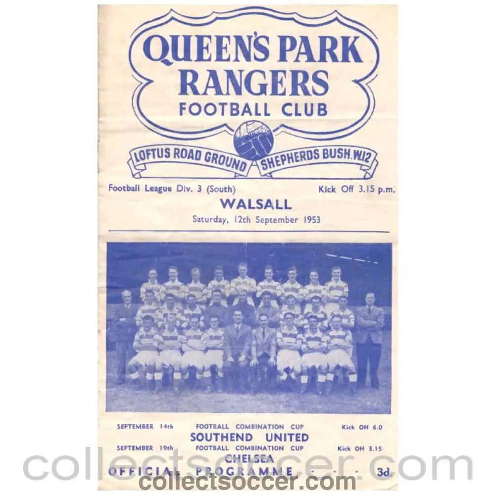 1953 Queen's Park Rangers v Walsall Football Programme - Collect Soccer