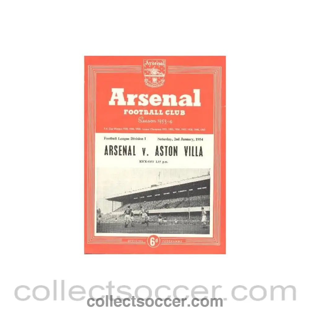 1954 - Arsenal v Aston Villa official programme 02/01/1954 - Collect Soccer