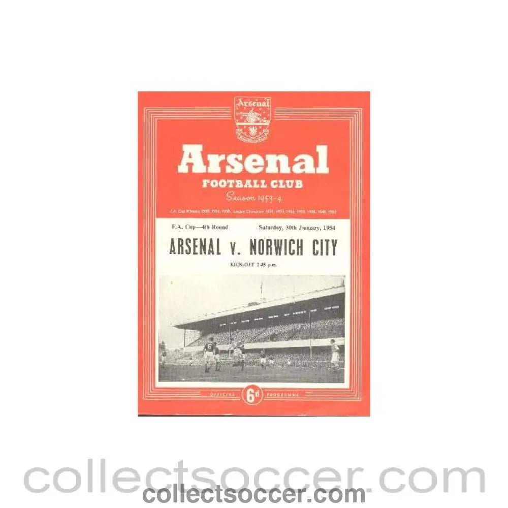 1954 - Arsenal v Norwich City official programme 30/01/1954 F.A. Cup - Collect Soccer
