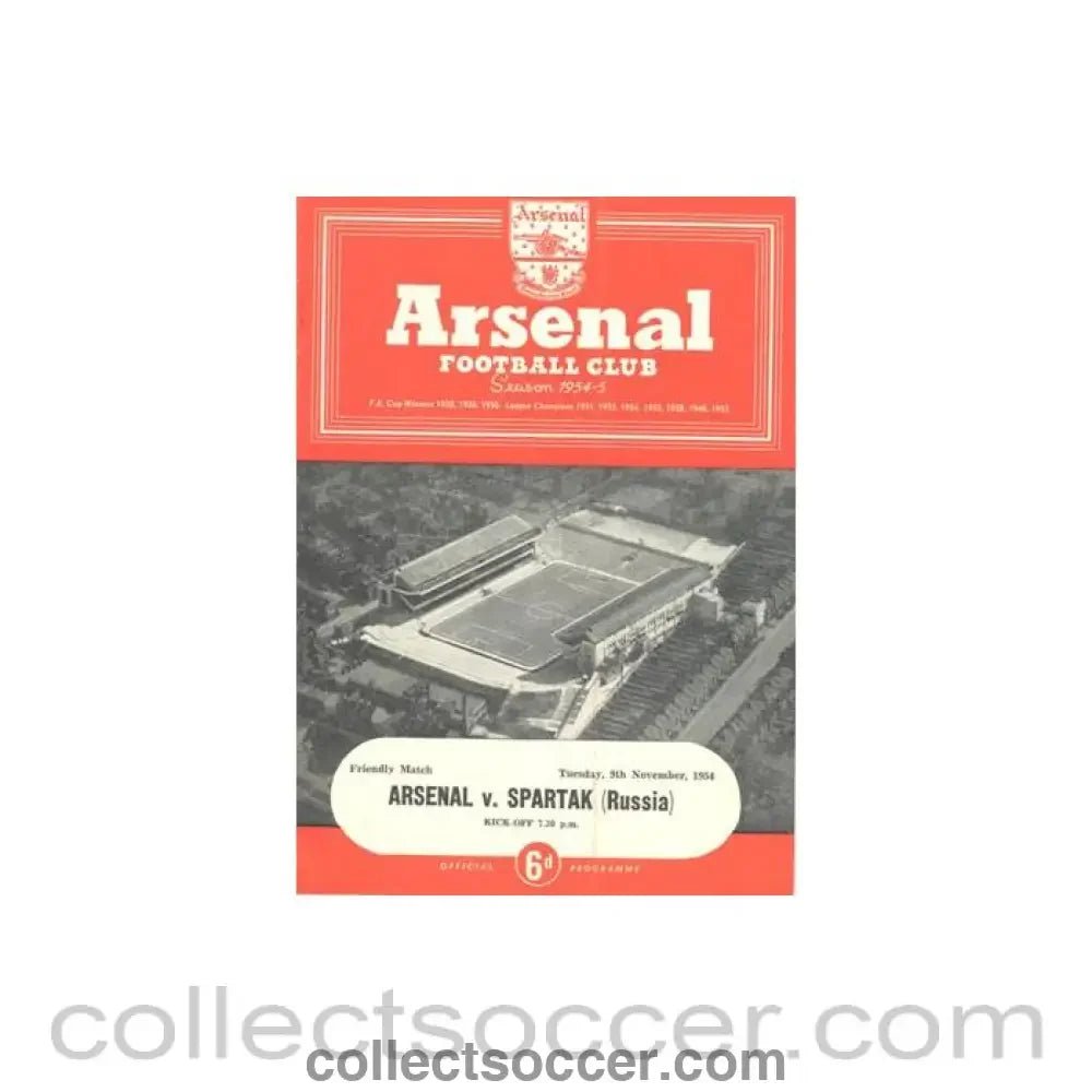 1954 - Arsenal v Spartak Russia official programme 09/11/1954 Friendly Match - Collect Soccer